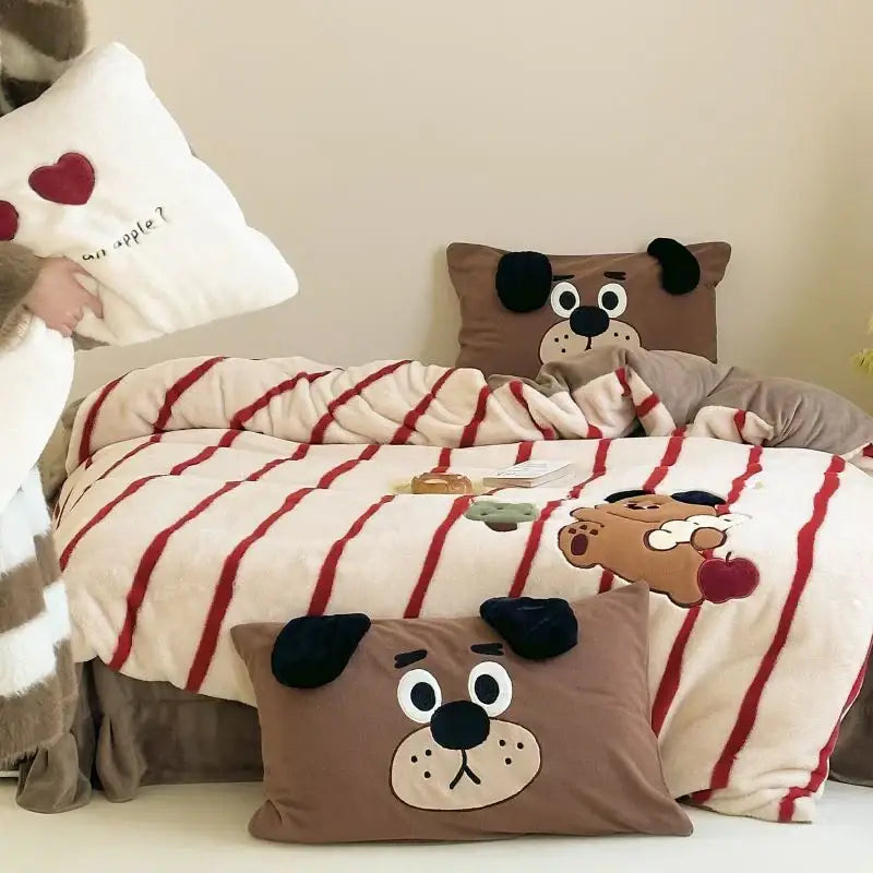 Cream Red Fleece Duvet Set