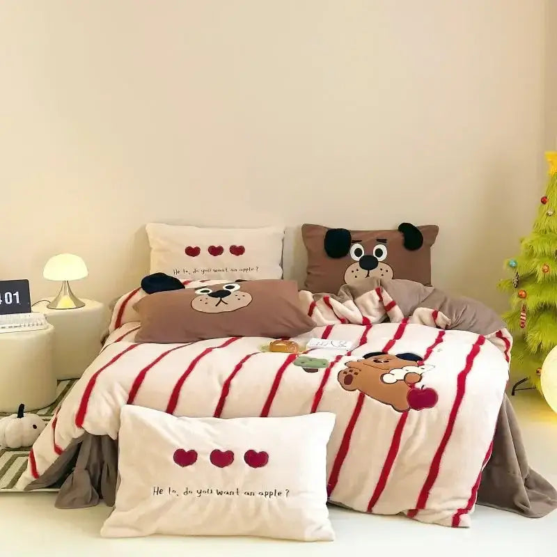 Cream Red Fleece Duvet Set
