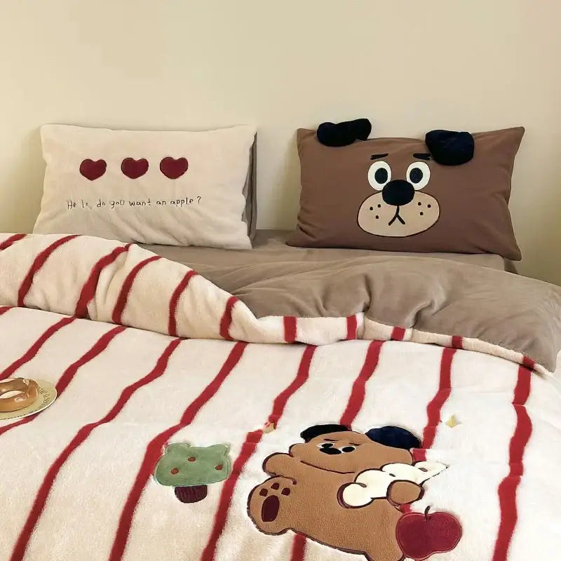 Cream Red Fleece Duvet Set