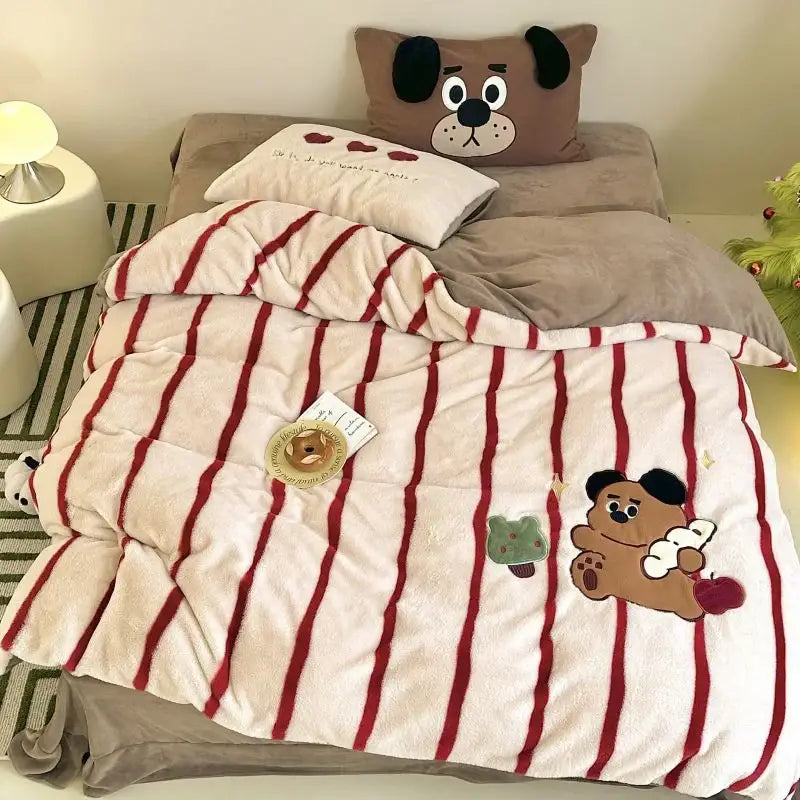 Cream Red Fleece Duvet Set
