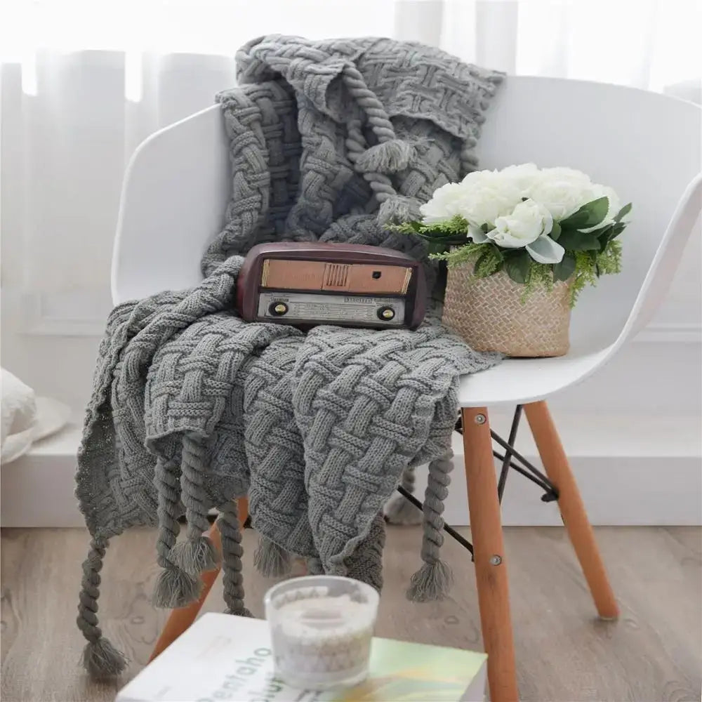 Cream Knit Plaid Throw
