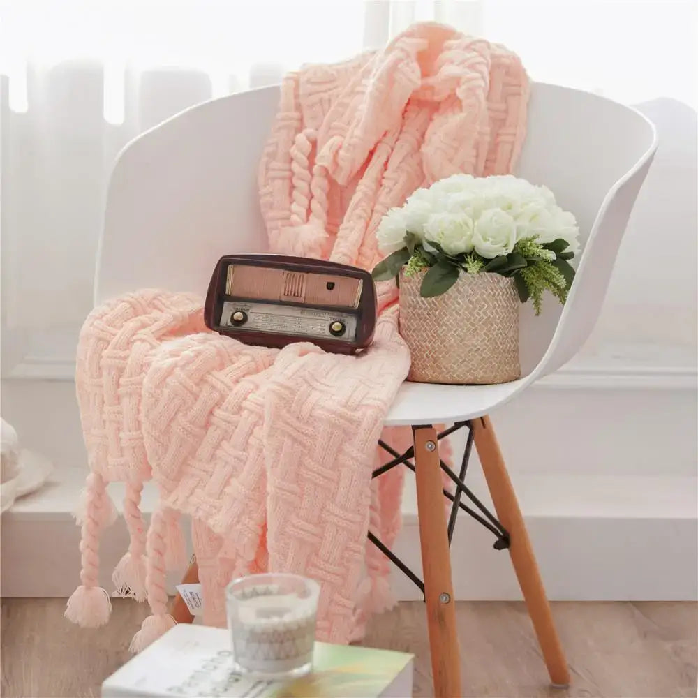 Cream Knit Plaid Throw