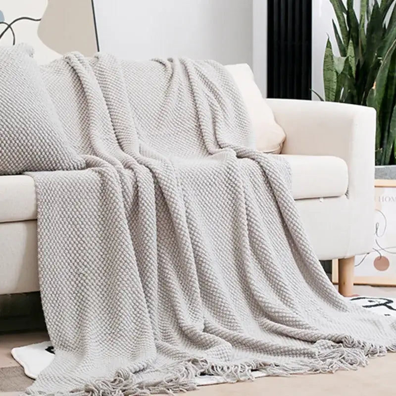 Gray Knitted Tassel Throw