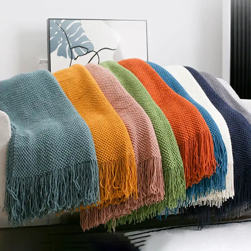 Gray Knitted Tassel Throw