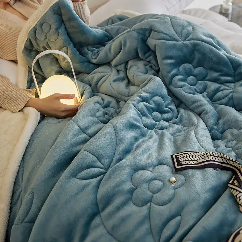 Blue Floral Lamb Wool Throw