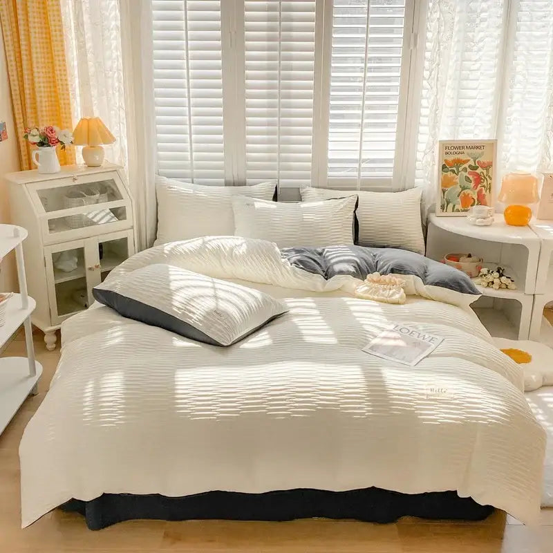 Cream Ribbed Bubble Yarn Duvet Cover Set