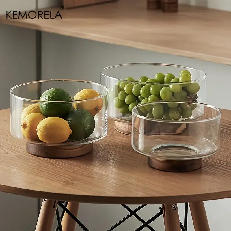 Glass Wood Base Fruit Bowl