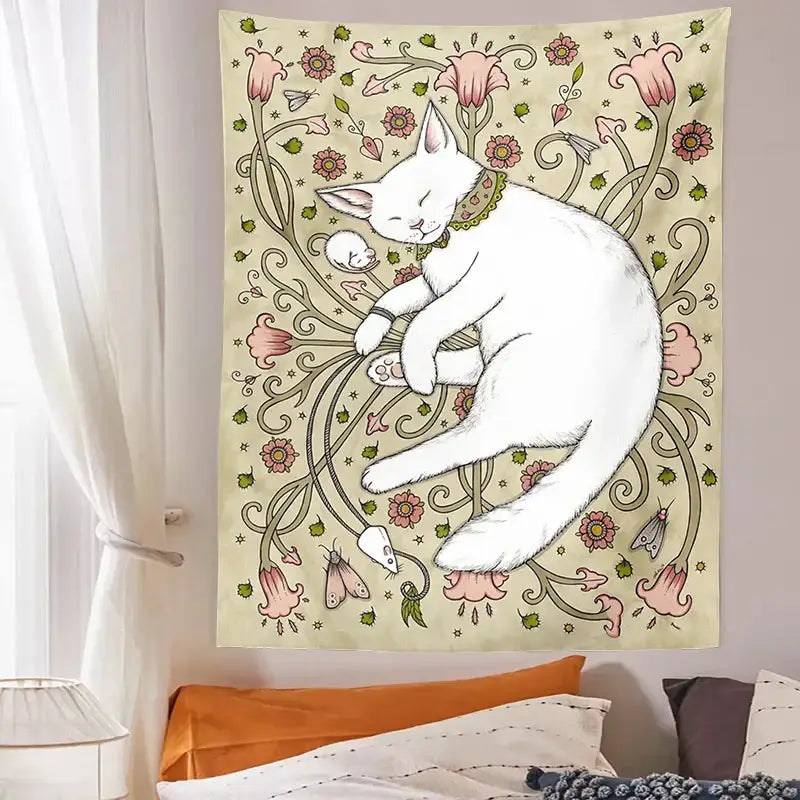 Polyester Cat Flower Tapestry