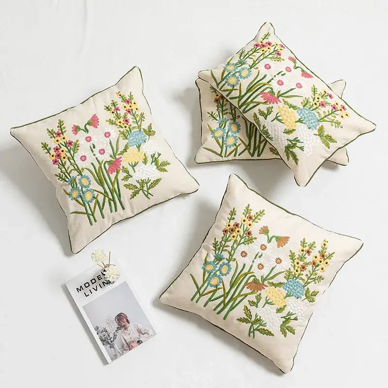 Beige Embroidered Floral Pillow