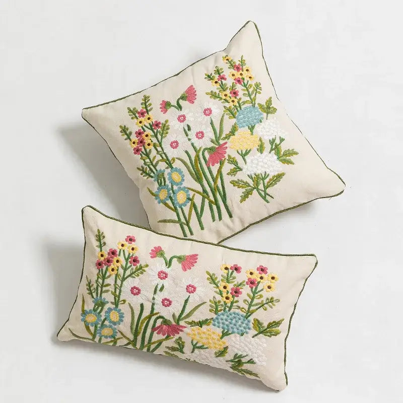 Beige Embroidered Floral Pillow
