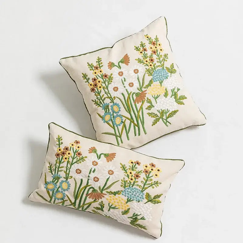 Beige Embroidered Floral Pillow