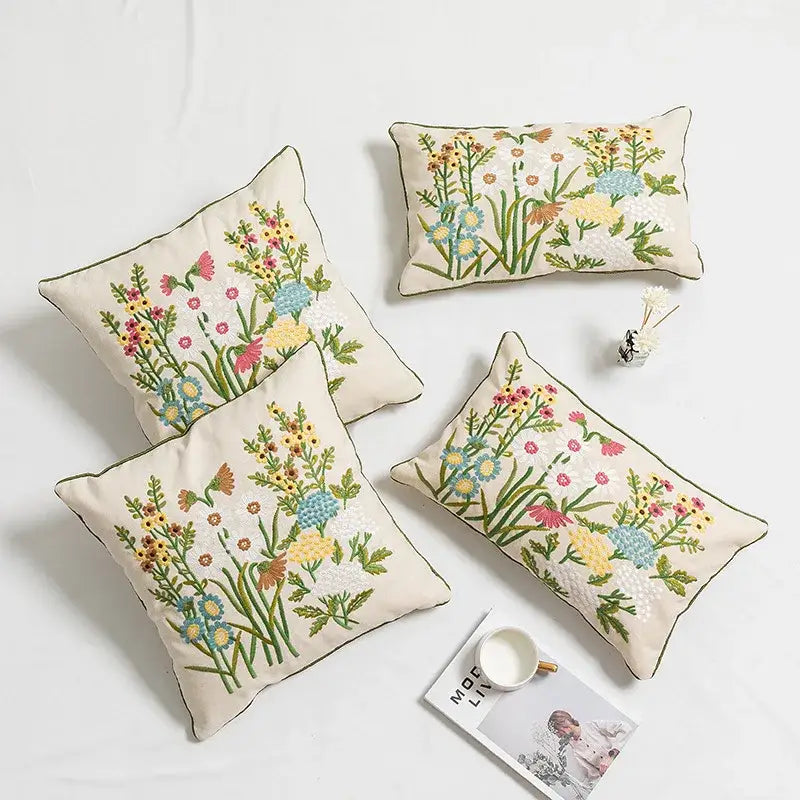 Beige Embroidered Floral Pillow