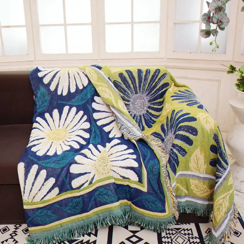 Navy Flower Knitted Blanket