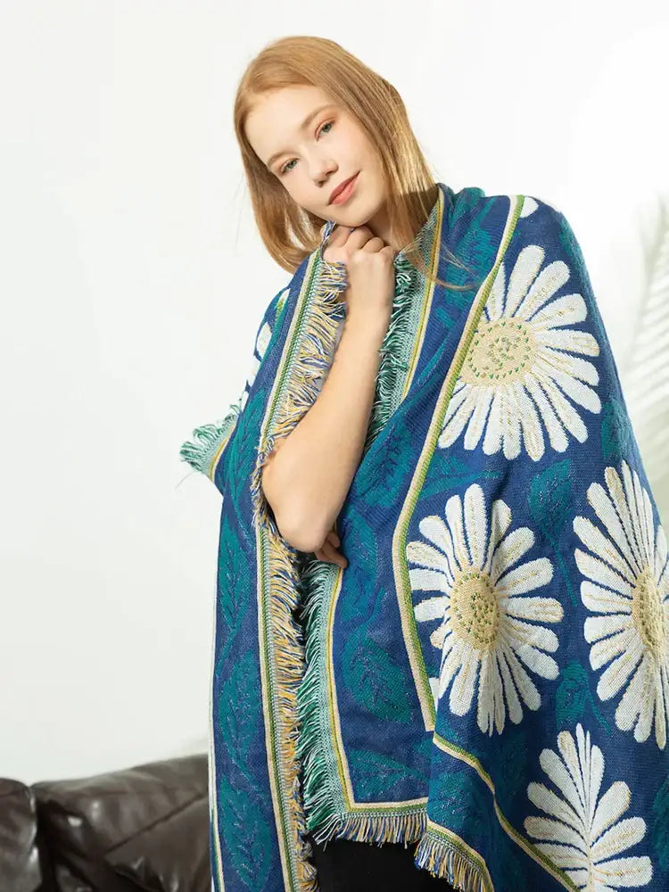 Navy Flower Knitted Blanket