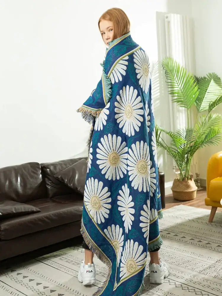 Navy Flower Knitted Blanket