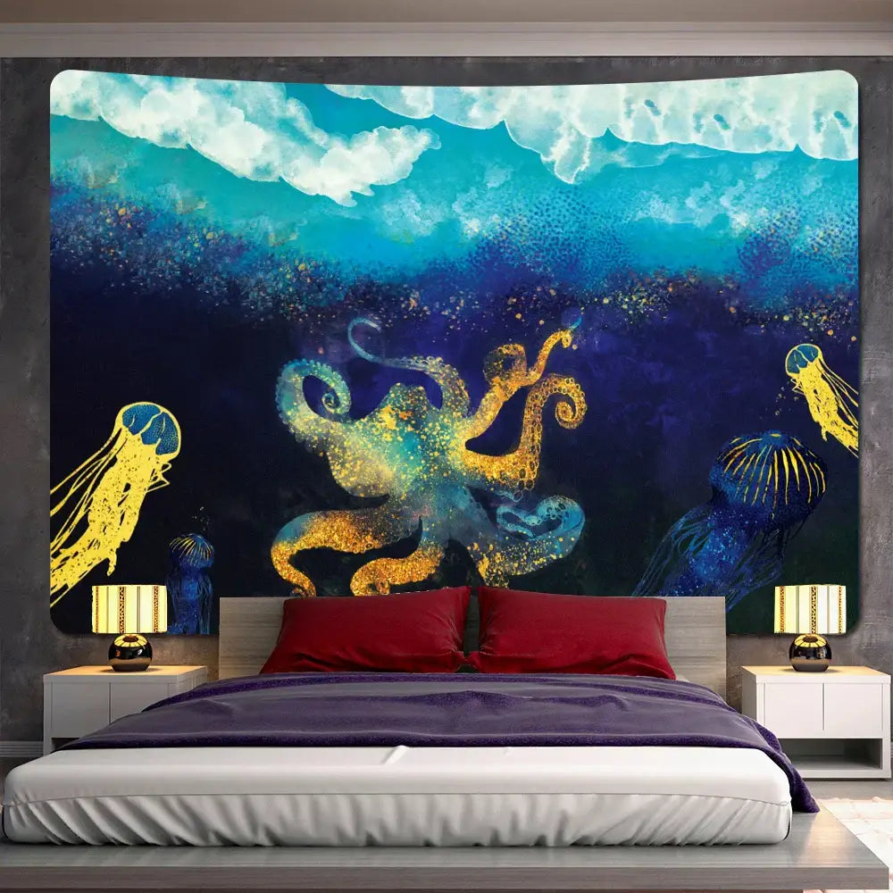 Turquoise Gold Whale Tapestry