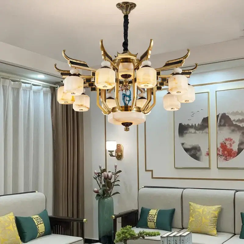 Gold Copper Jade Chandelier