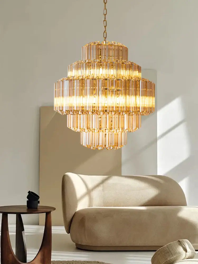 Amber Glass Tiered Chandelier 100cm Gold