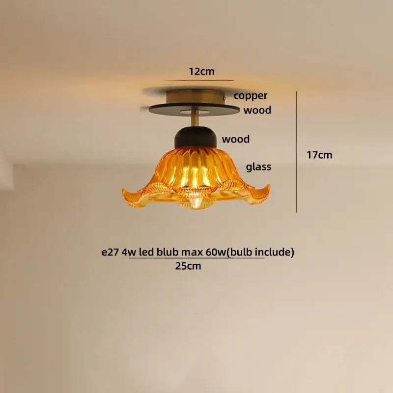 Amber Glass Petal Ceiling Lamp Brass