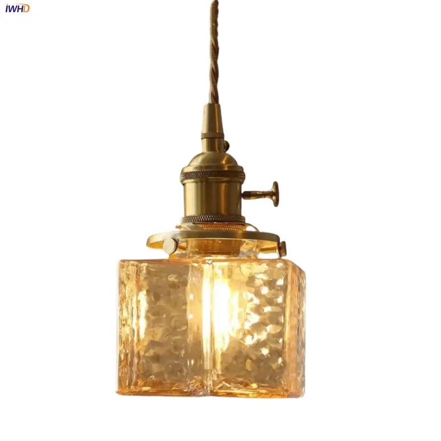 Amber Glass Cube Pendant Japanese Brass