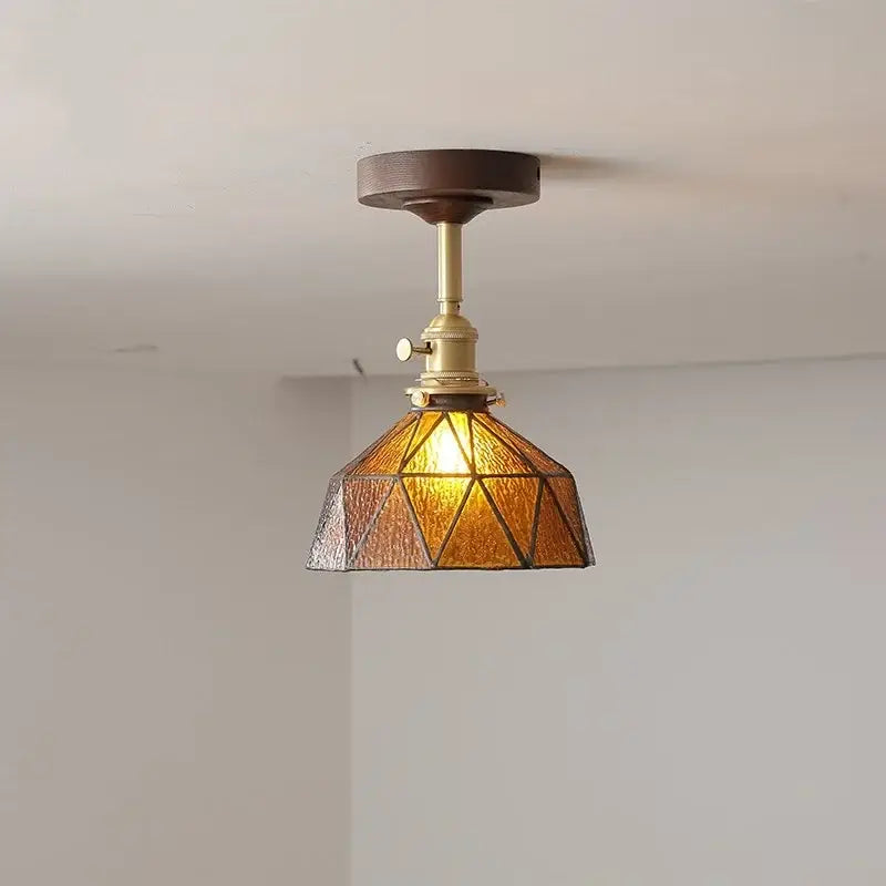 Amber Glass Wood Canopy Ceiling Light