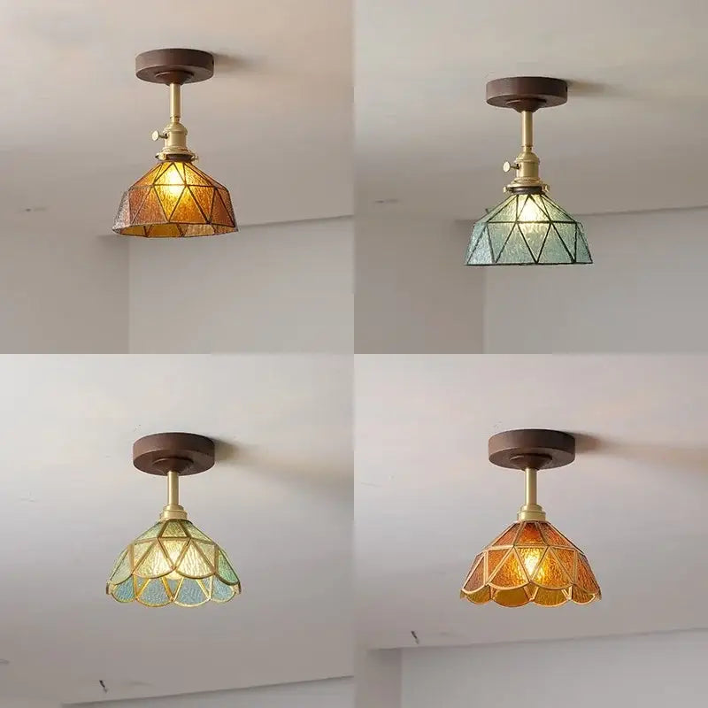 Amber Glass Wood Canopy Ceiling Light