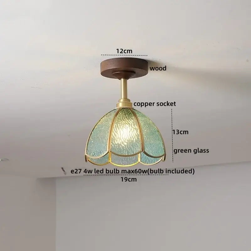 Amber Glass Wood Canopy Ceiling Light