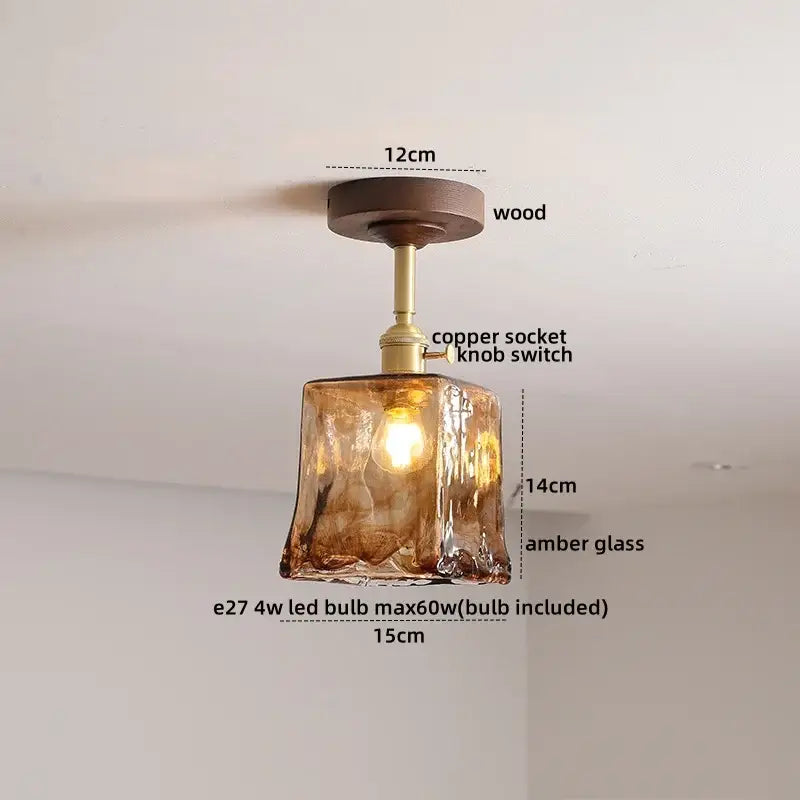 Amber Glass Wood Canopy Ceiling Light
