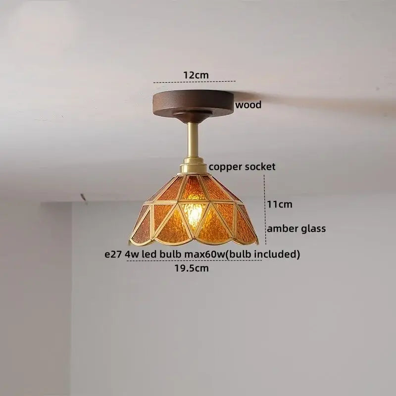 Amber Glass Wood Canopy Ceiling Light