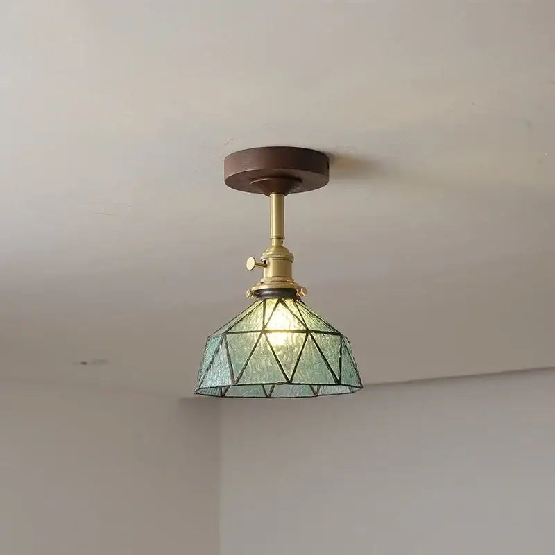 Amber Glass Wood Canopy Ceiling Light