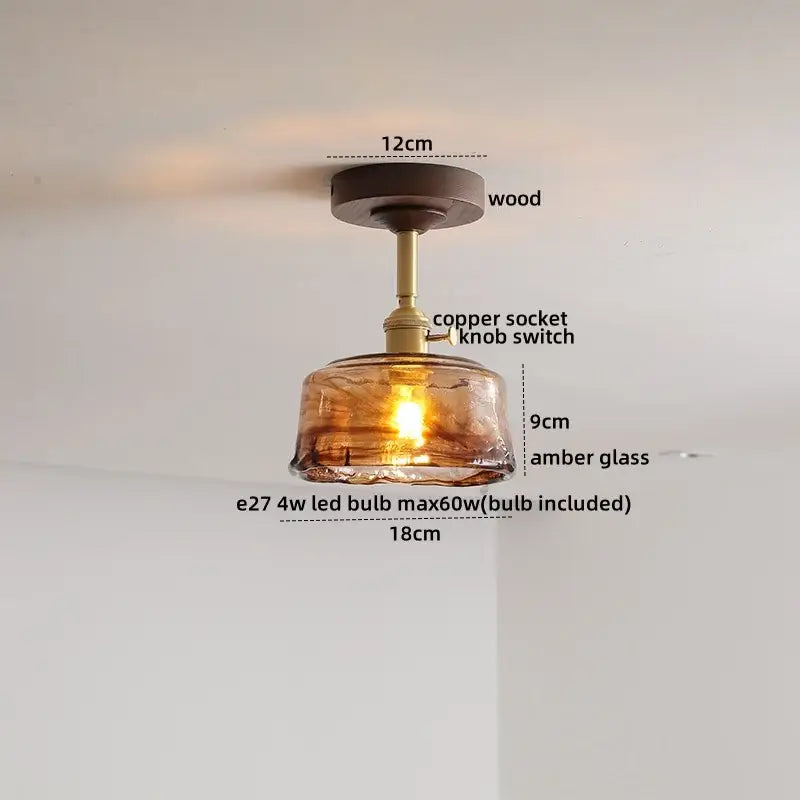 Amber Glass Wood Canopy Ceiling Light