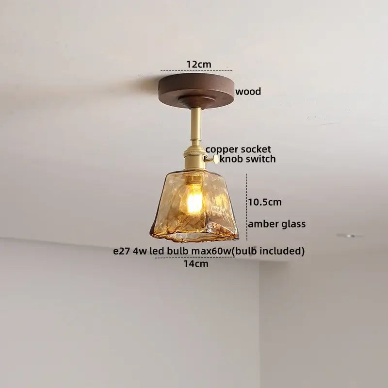 Amber Glass Wood Canopy Ceiling Light