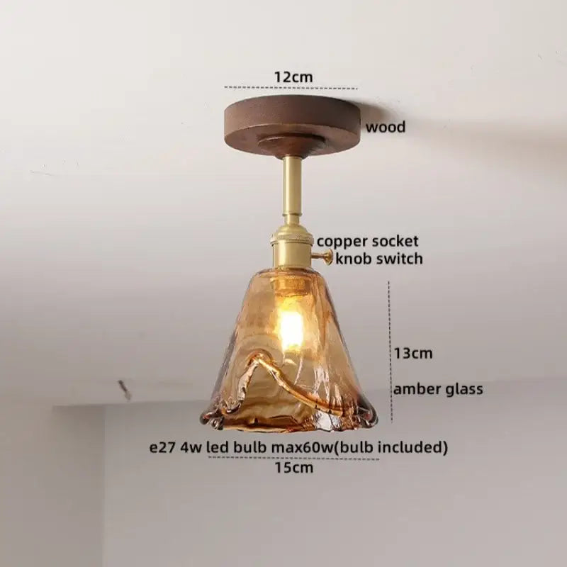 Amber Glass Wood Canopy Ceiling Light