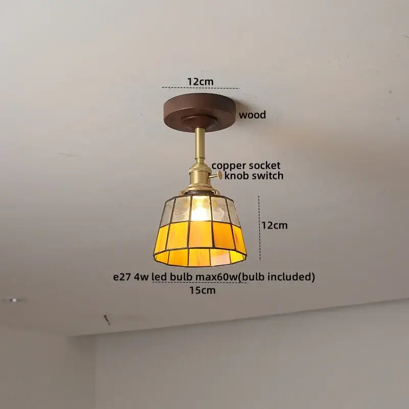 Amber Glass Wood Canopy Ceiling Light