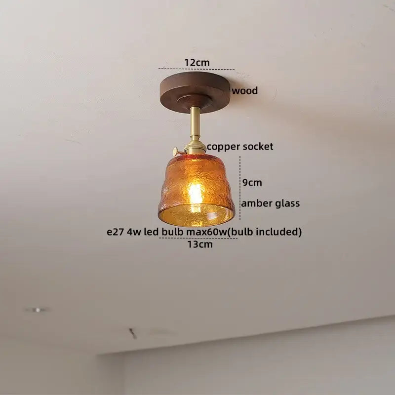 Amber Glass Wood Canopy Ceiling Light