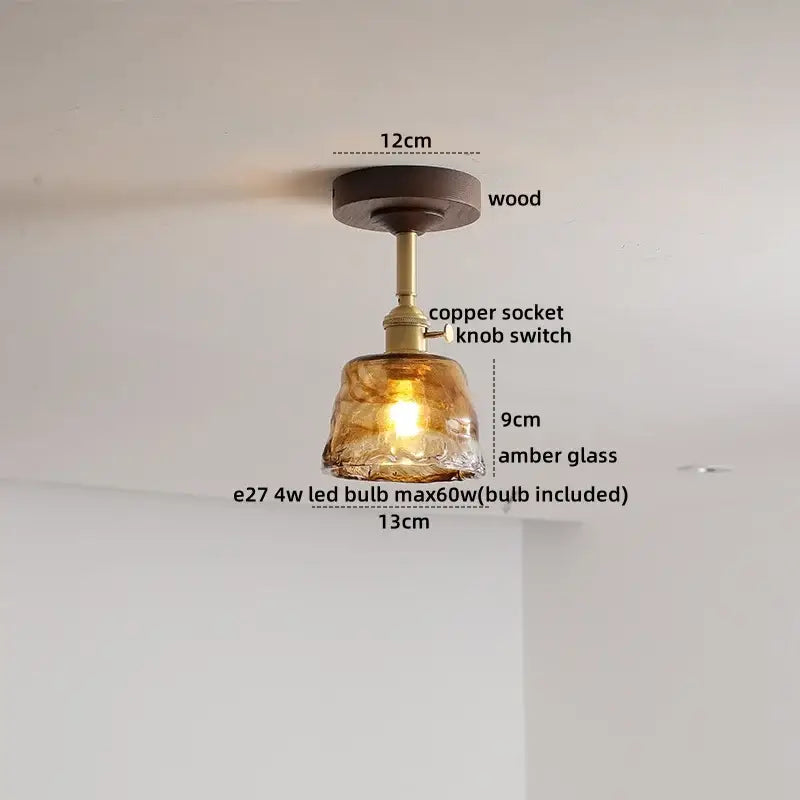 Amber Glass Wood Canopy Ceiling Light