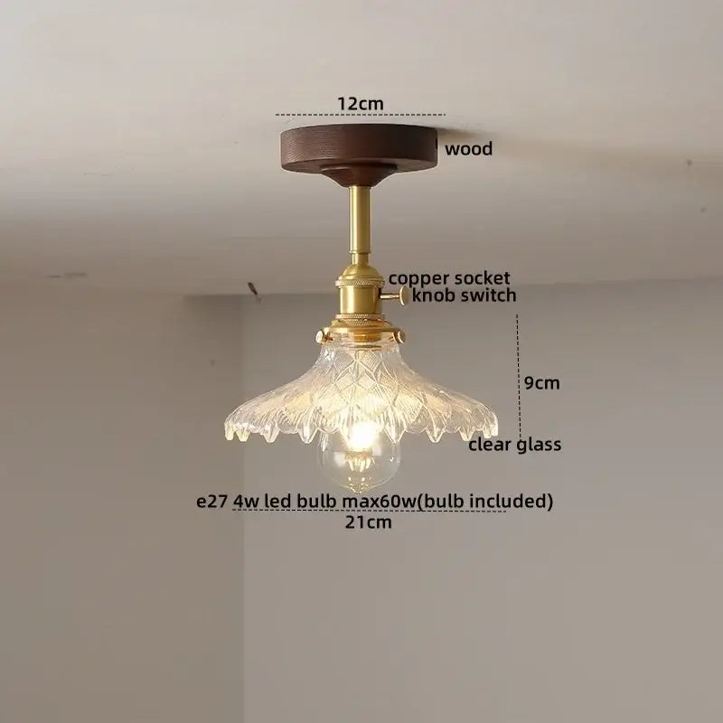 Amber Glass Wood Canopy Ceiling Light