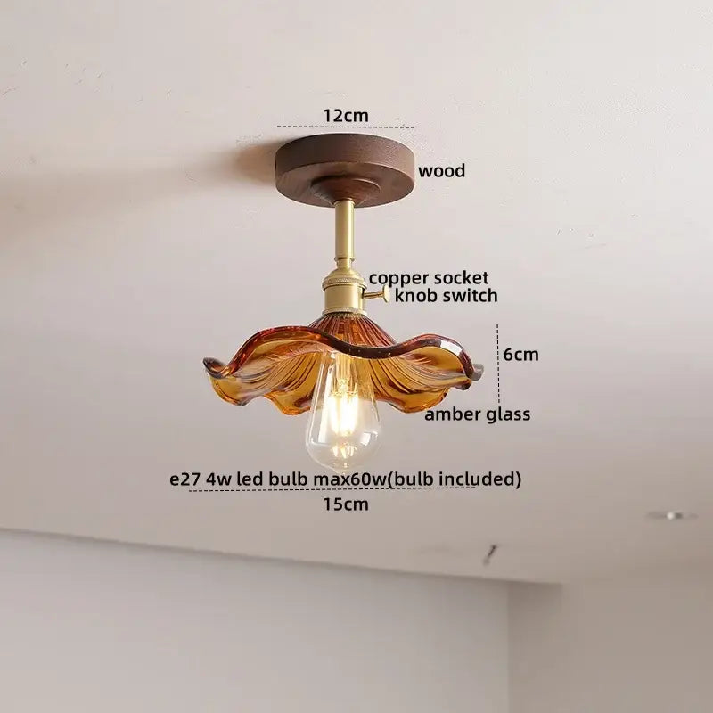 Amber Glass Wood Canopy Ceiling Light