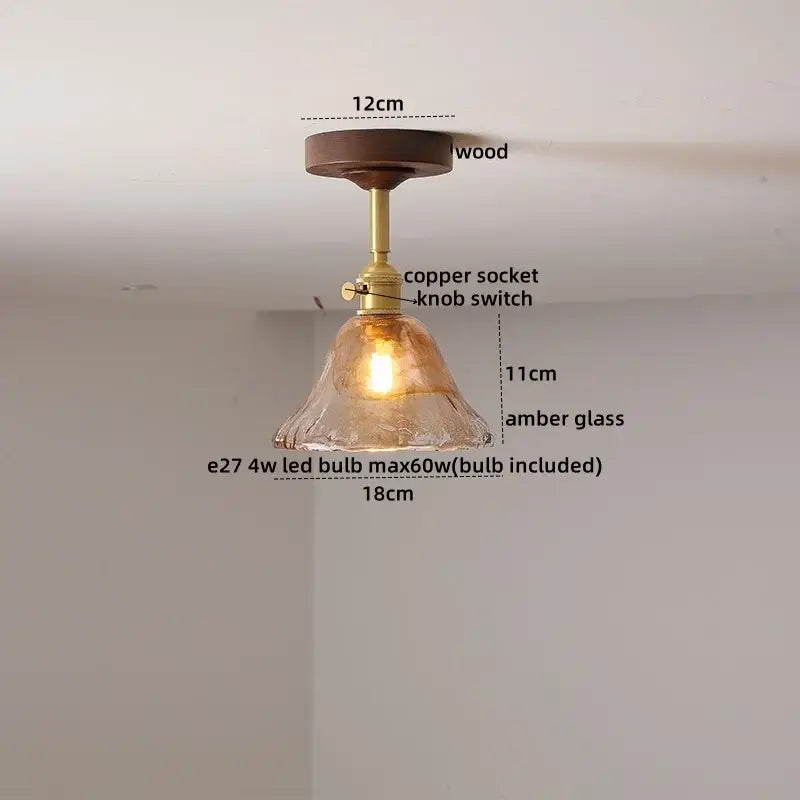 Amber Glass Wood Canopy Ceiling Light