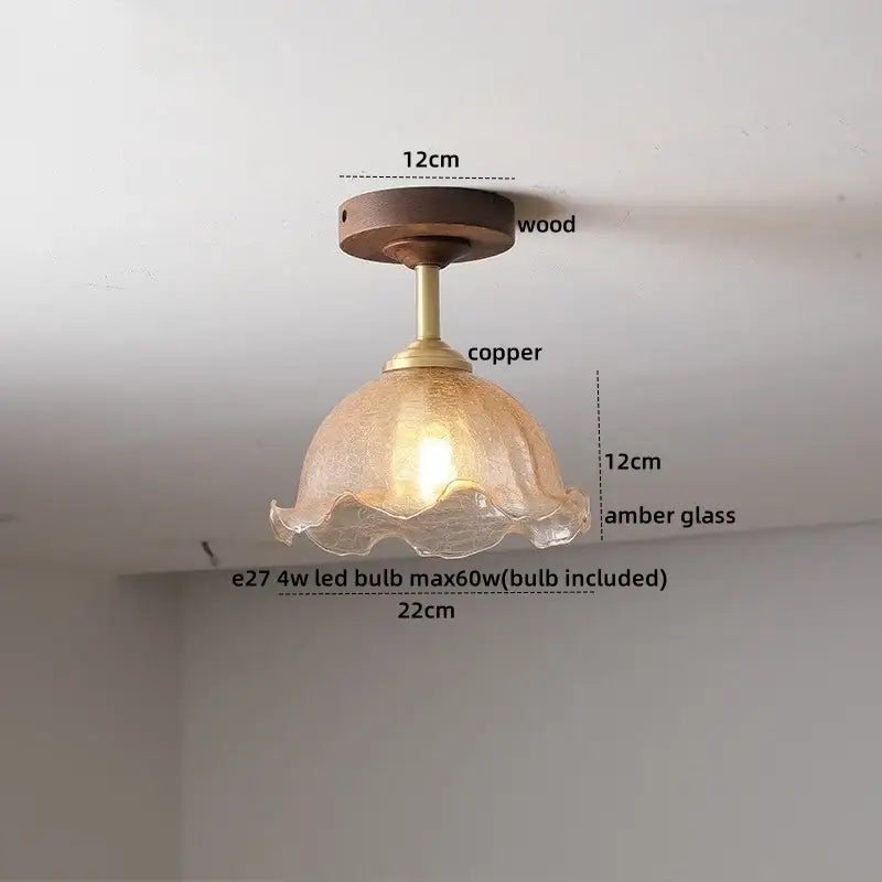 Amber Glass Wood Canopy Ceiling Light