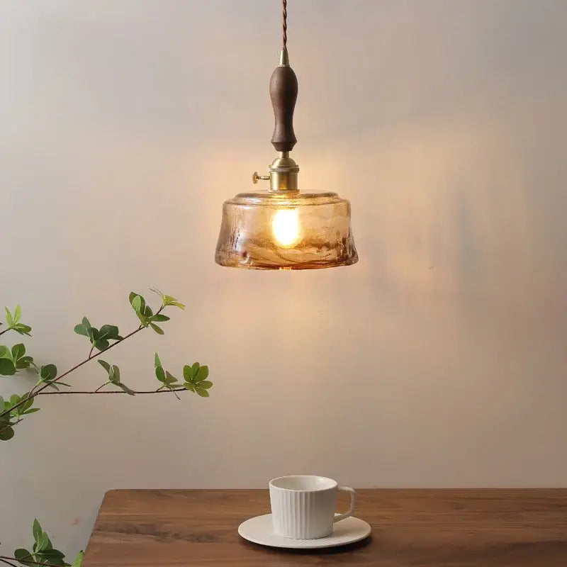 Amber Glass Wood Pendant