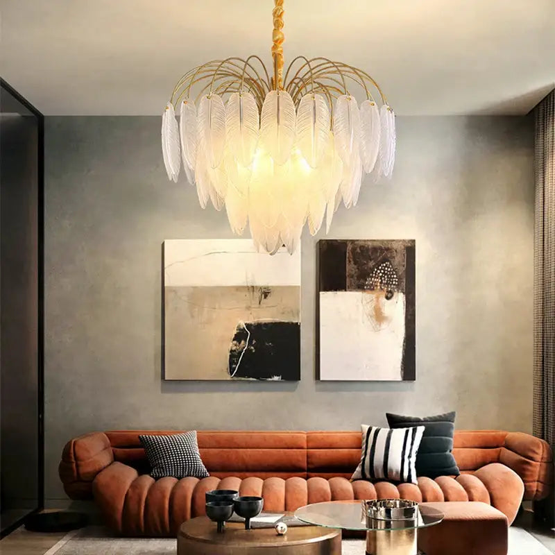 White Glass Feather Chandelier