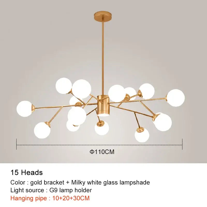 Black Glass Globe Chandelier 18-Head Gold