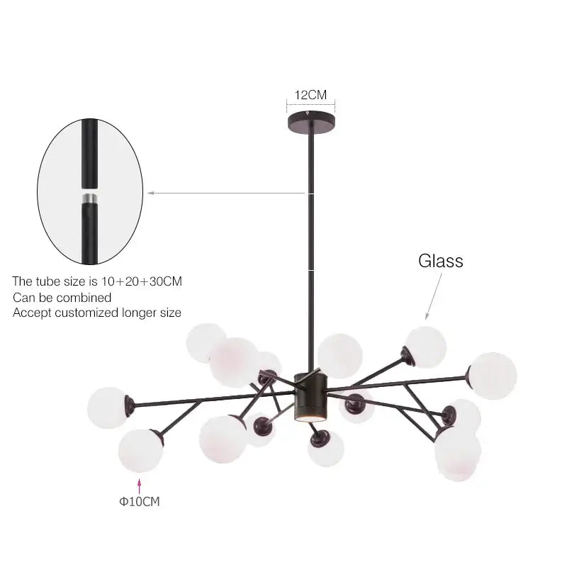 Black Glass Globe Chandelier 18-Head Gold