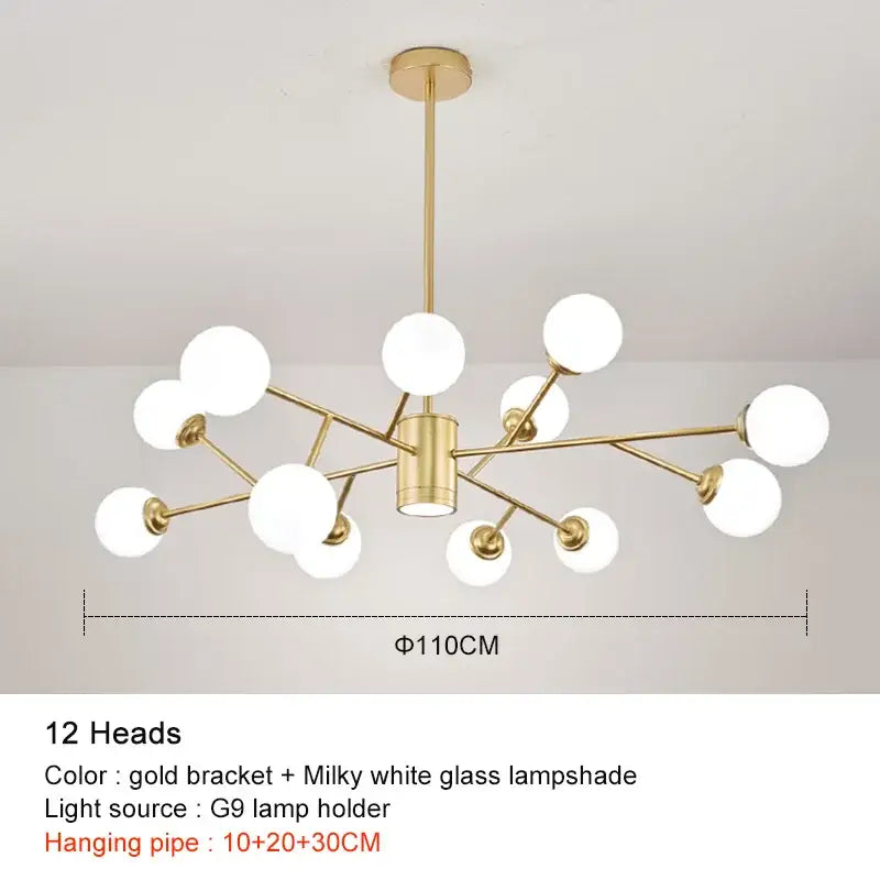 Black Glass Globe Chandelier 18-Head Gold