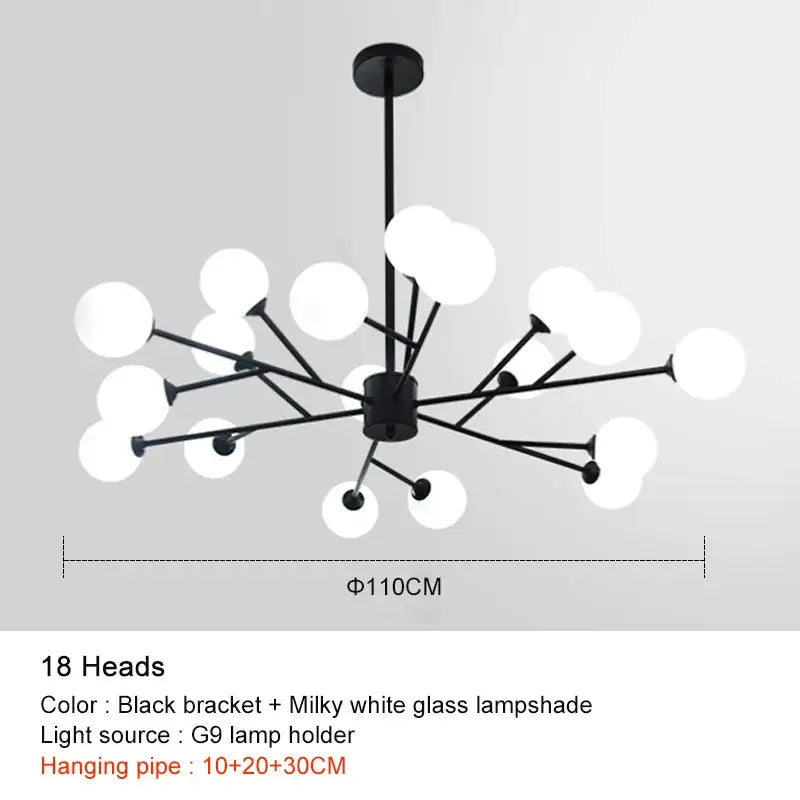 Black Glass Globe Chandelier 18-Head Gold