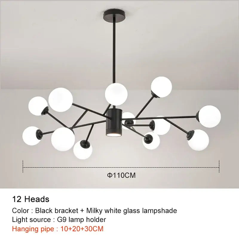 Black Glass Globe Chandelier 18-Head Gold