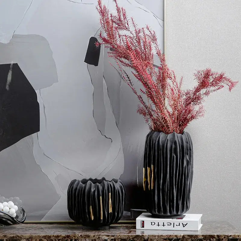 Black Gold Abstract Vase Crease Texture