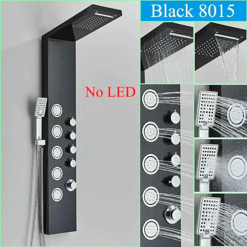 Black LED Shower Panel Brushed Gold Massage