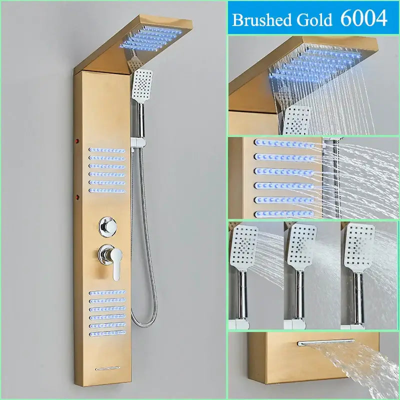 Black LED Shower Panel Brushed Gold Massage